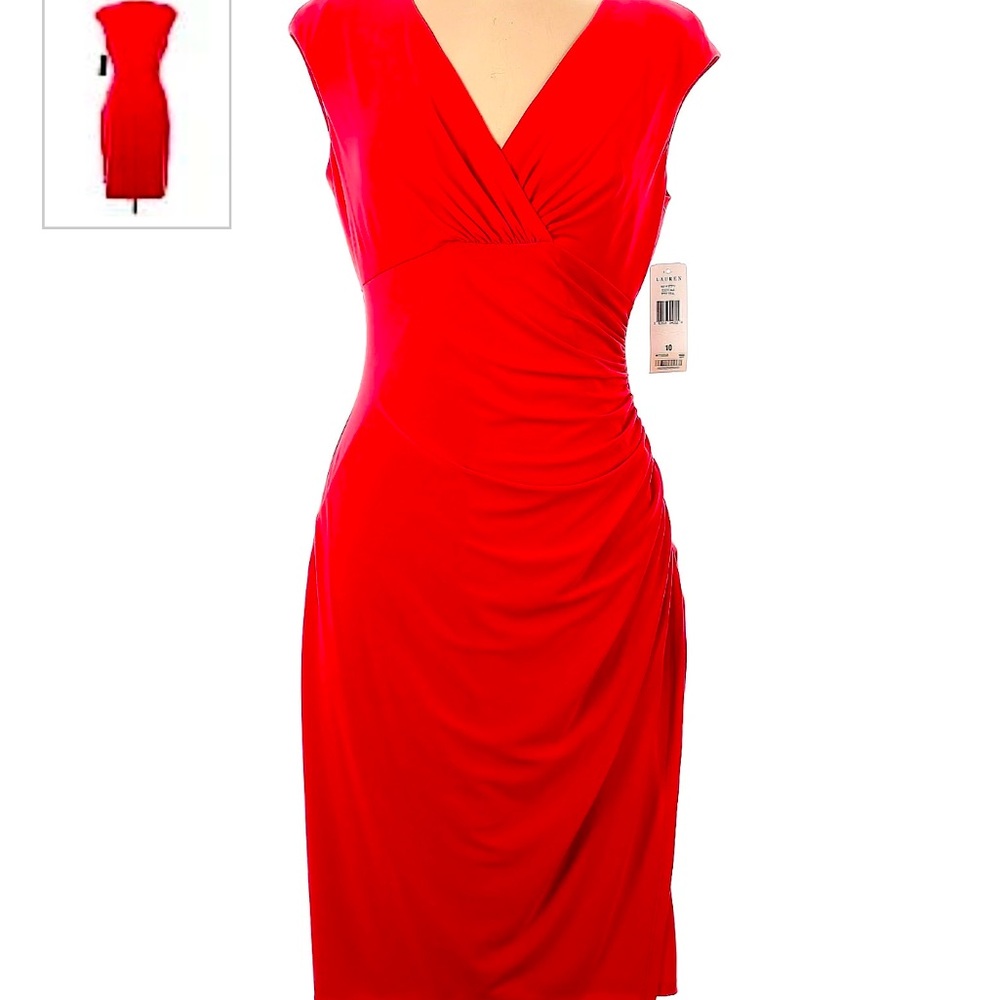 Lauren by Ralph Lauren Ruched Sheath Dress size 16 stretchy material cap sleeve.